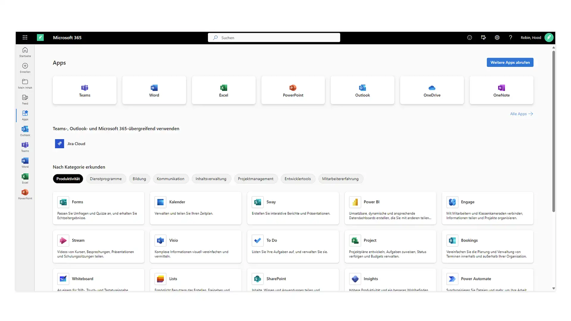 Microsoft 365 Dashboard-Oberfläche mit verschiedenen Produktivitäts-Apps und -Diensten auf Deutsch.