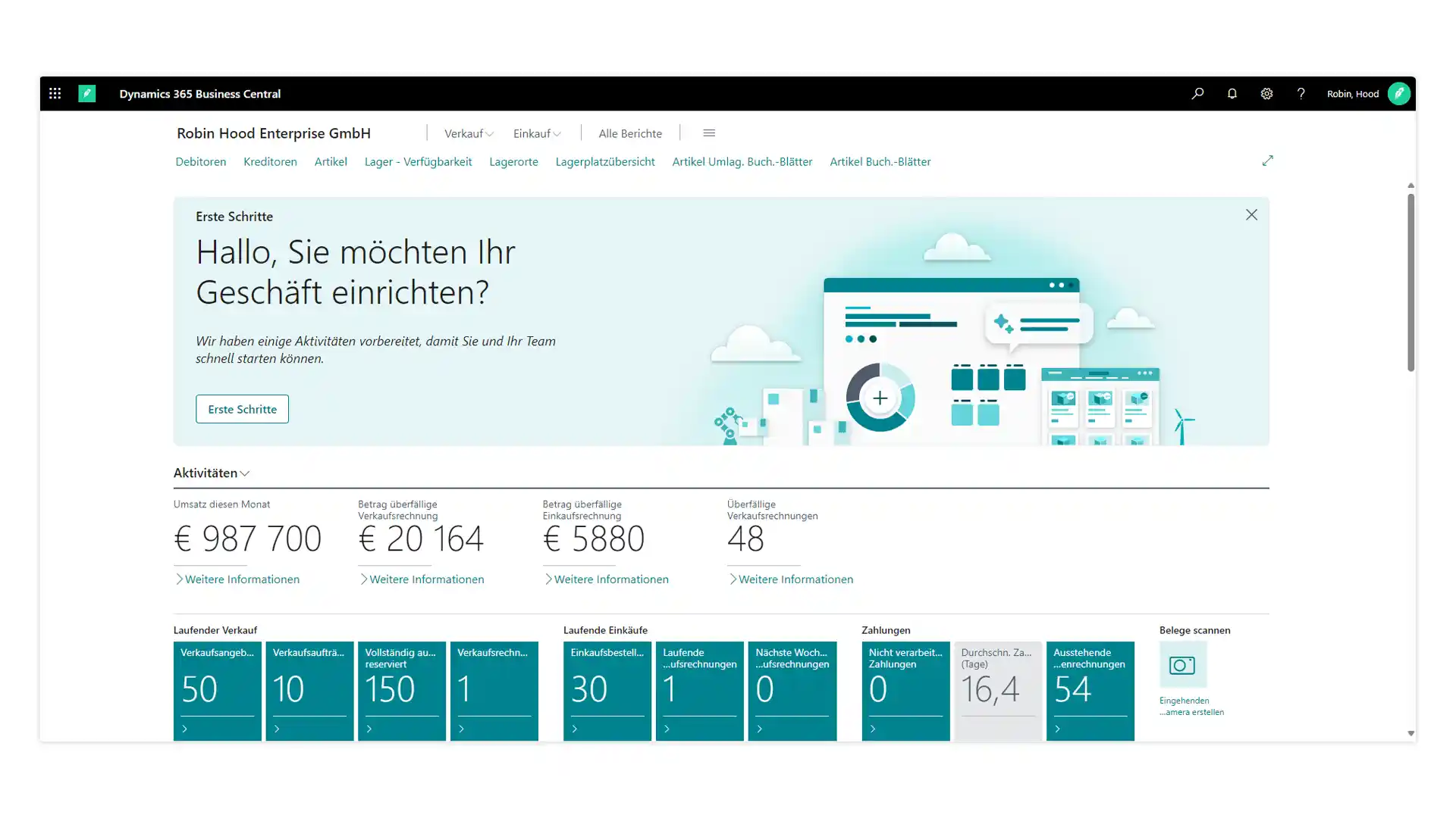 Microsoft Dynamics 365 Business Central Dashboard mit Verkaufs-, Einkaufs- und Aktivitätsmetriken auf Deutsch.